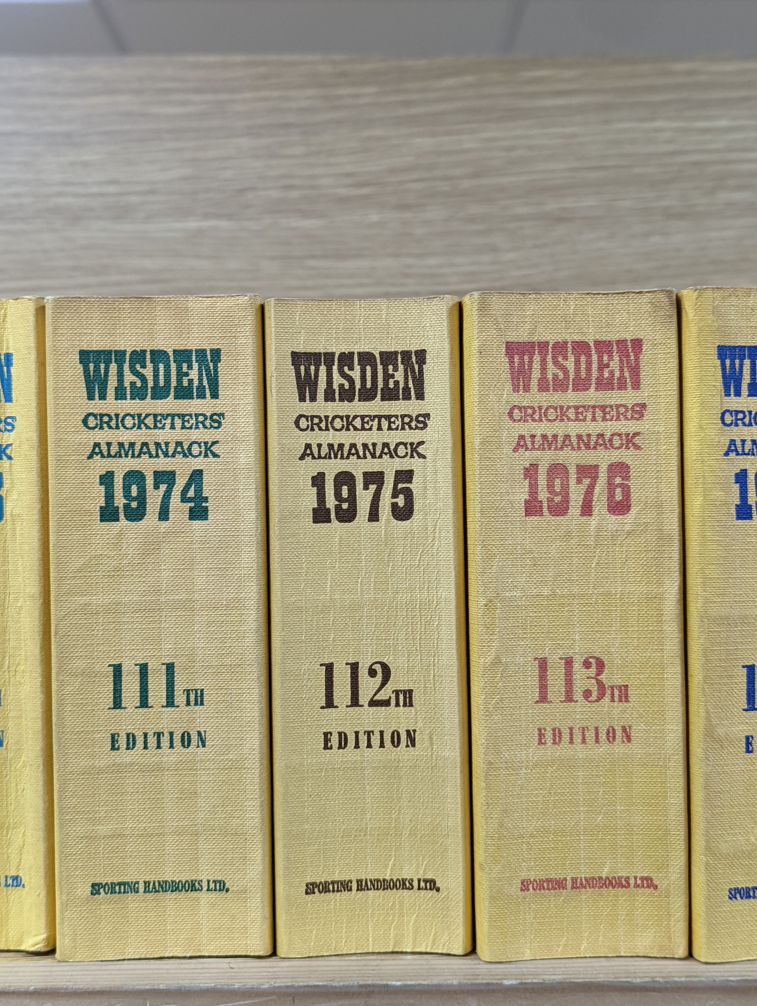 Wisdens Almanack, 73 volumes, 1947-1964, 1966-2020 and one other Wisden edition “On the Ashes”.